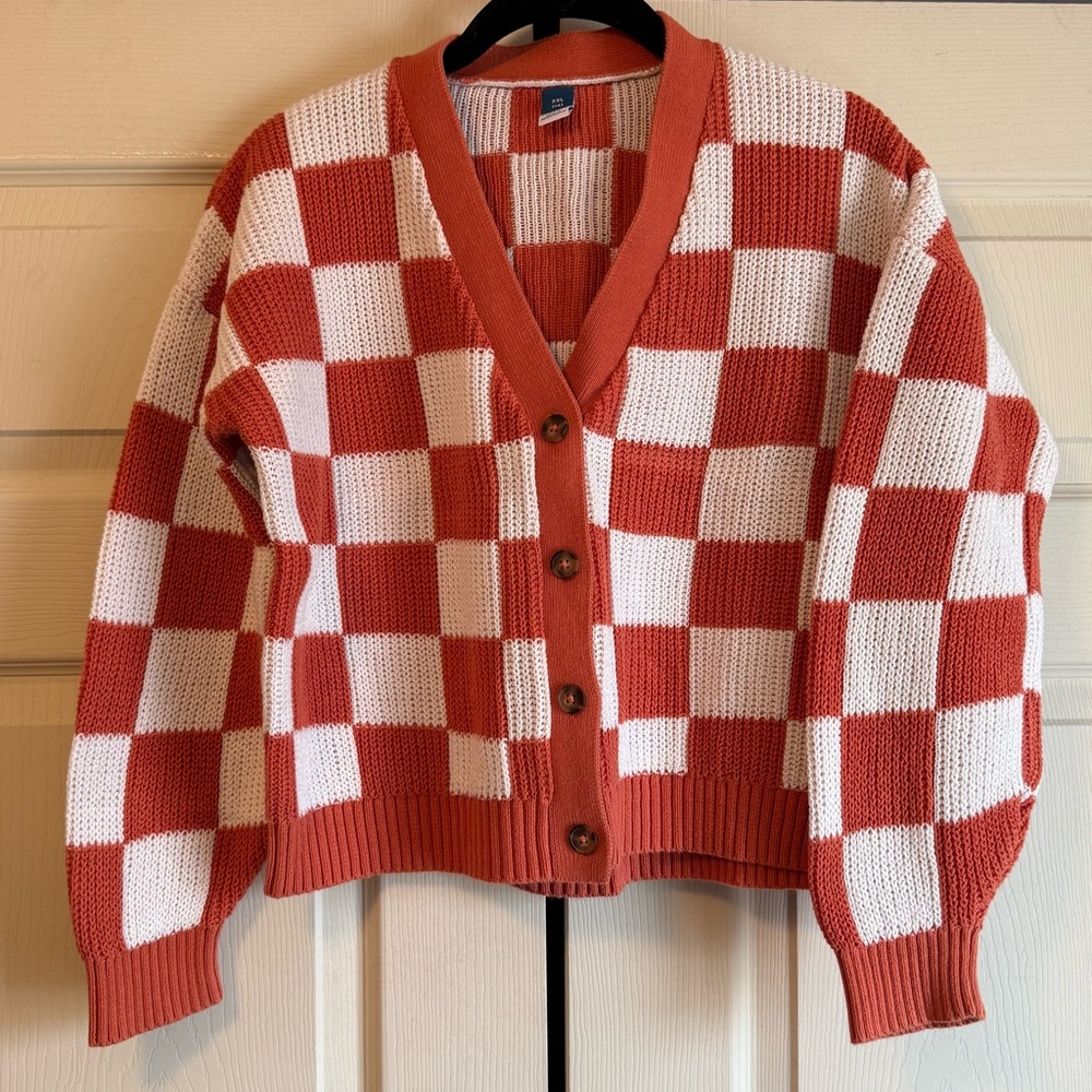 Checker Button-Up Cardigan Sweater